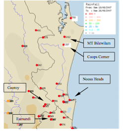 Flood August 2007 - rainfall map Sunshine Coast